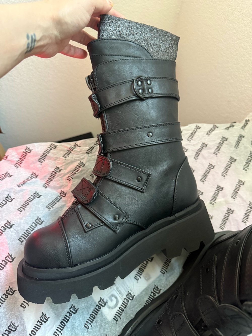 Black Chunky Strap Combat Boots - demonia renegades - Picture 2 of 5